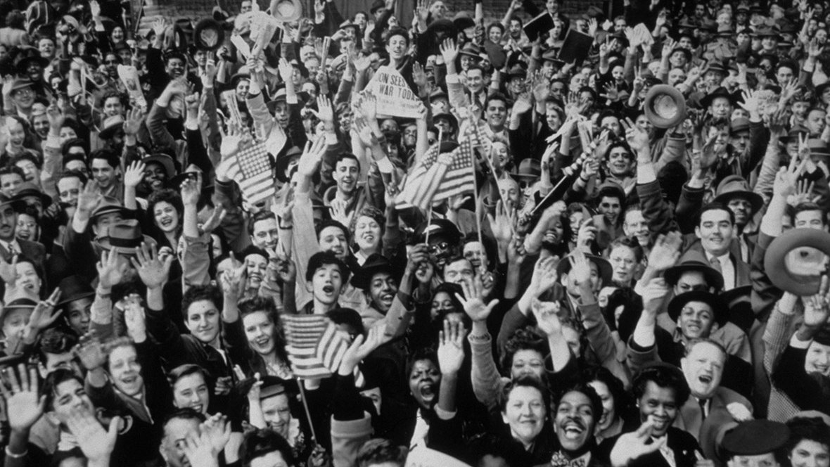 "May 8, 1945: New Yorkers cheer upon hearing reports of Germany's unconditional surrender"
