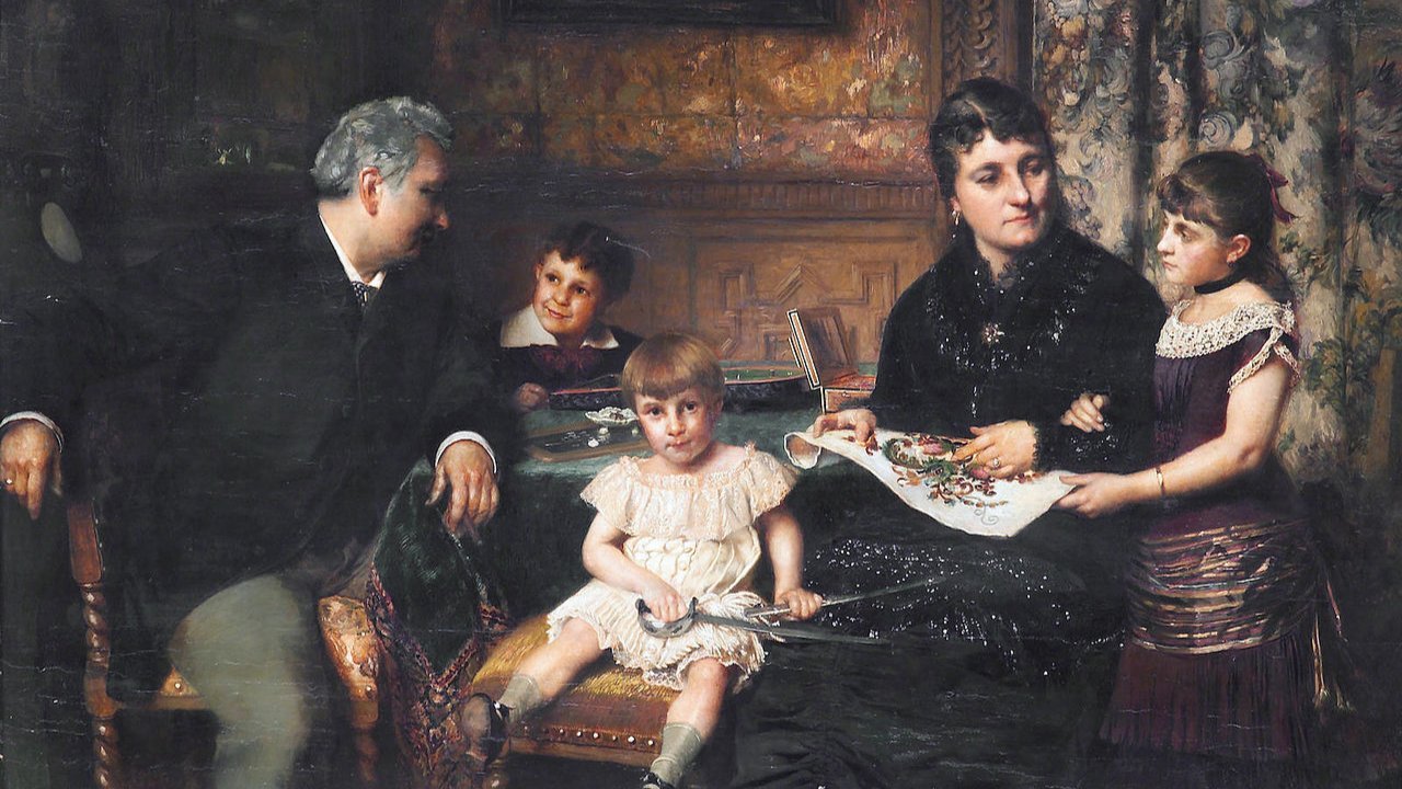 A portrait of a family gathered around a table, 1881