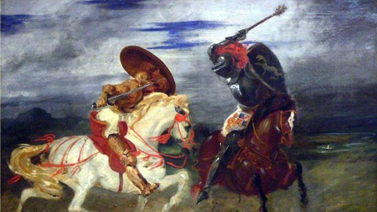 Two Knights Fighting in a Landscape 1824 by Eugene Delacroix
