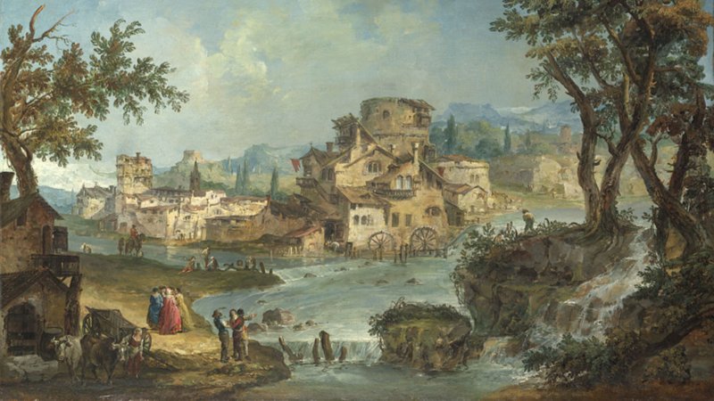 Buildings and Figures near a River with Rapids 1730 by Michele Marieschi